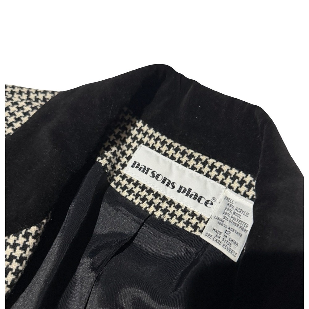 Y2K Parsons Place Vtg Houndstooth Blazer Black White Velvet Collar Wool Blend 12 - Picture 4 of 5